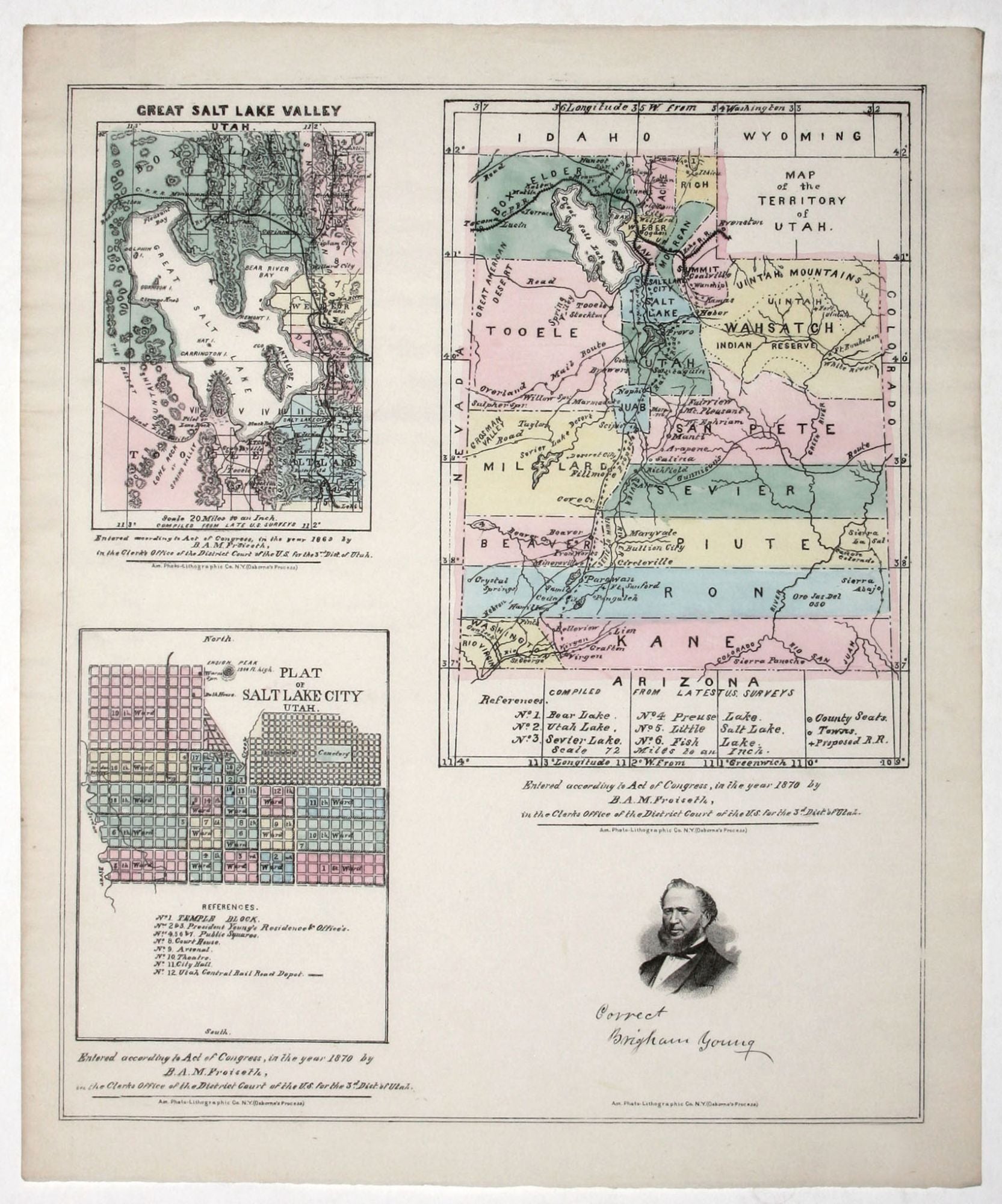 Map Of The Territory Of Utah./ Great Salt Lake/ Plat Of Salt Lake City ...