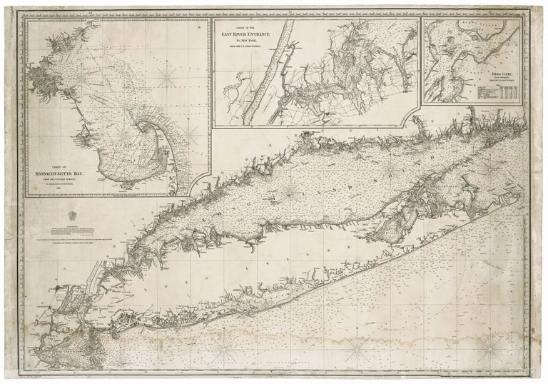 Item #9776M Large, Untitled Chart of Long Island Sound, the Connecticut Shoreline, New York City & Vicinity, All of Long Island. [With three large, titled inset charts:] Chart Of Massachusetts Bay…/ Chart Of The East River Entrance To New York … / Hell Gate, And Its Approaches…. CHARLES COPLEY, SONS.