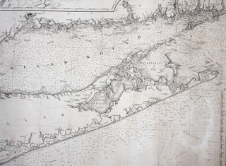 Large, Untitled Chart of Long Island Sound, the Connecticut Shoreline, New York City & Vicinity, All of Long Island. [With three large, titled inset charts:] Chart Of Massachusetts Bay…/ Chart Of The East River Entrance To New York … / Hell Gate, And Its Approaches…